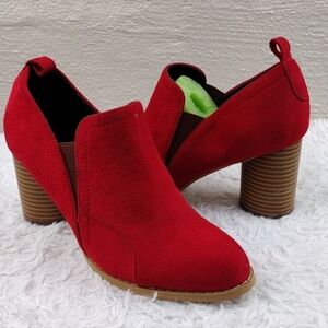 Joli Jolimall Red Faux Suede Almond Toe Round Stacked Heel Slip On Ankle Boot